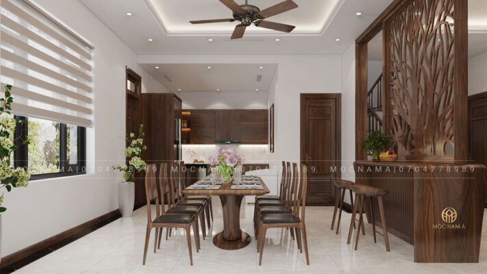 Bộ bàn ăn 8 ghế gỗ óc chó tự nhiên cao cấp kết hợp cùng các đường vân gỗ uyển chuyển, phóng khoáng