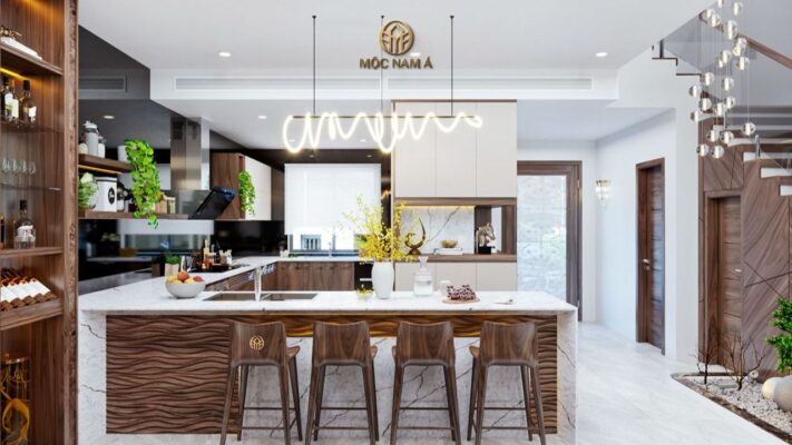 Các vật dụng phòng bếp được thiết kế âm trong hệ modul tủ bếp gỗ óc chó