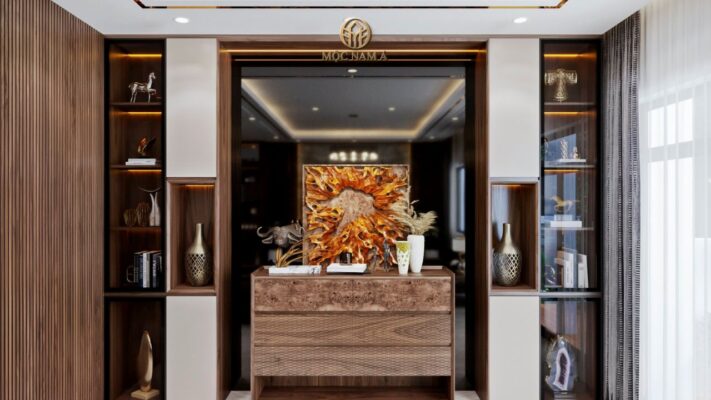 Kệ trang trí từ gỗ óc chó tinh tế đến từng chi tiết