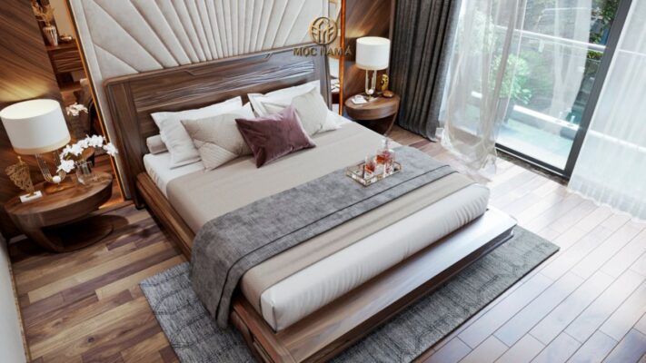 Phòng ngủ Master với chiếc giường đôi gỗ óc chó truyền thống đường vân gỗ phóng khoáng, uyển chuyển