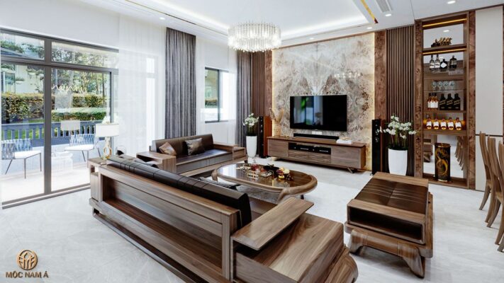 Sofa gỗ óc chó với kích cỡ phù hợp, vừa tối ưu không gian vừa mang đến vẻ sang trọng, đẳng cấp cho phòng khách