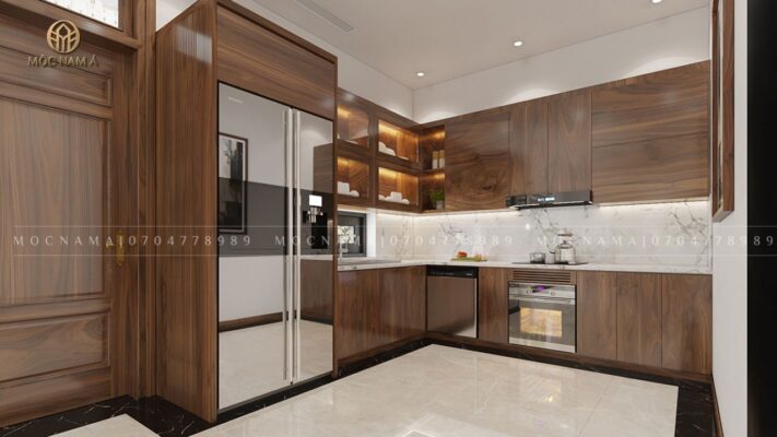 Thiết kế tủ bếp 2 tầng gỗ óc chó vô cùng tiện lợi cùng ngăn chứa đồ khoa học