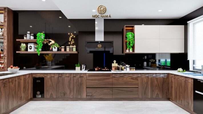 Toàn bộ tủ bếp được thiết kế hoàn toàn từ gỗ óc chó