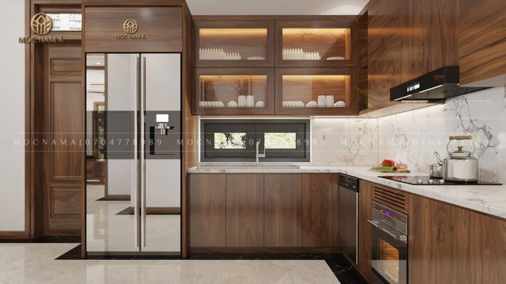 Tủ bếp gỗ óc chó 2 tầng cực kỳ sang trọng tiện lợi