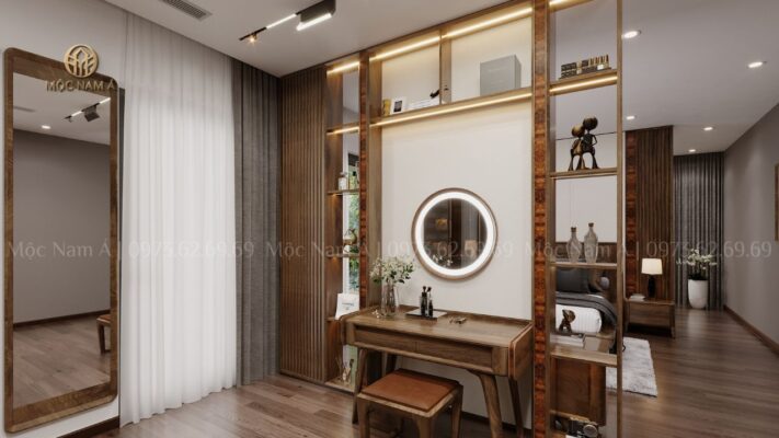 Bàn trang điểm gỗ óc chó nhỏ gọn mà sang trọng, tinh tế