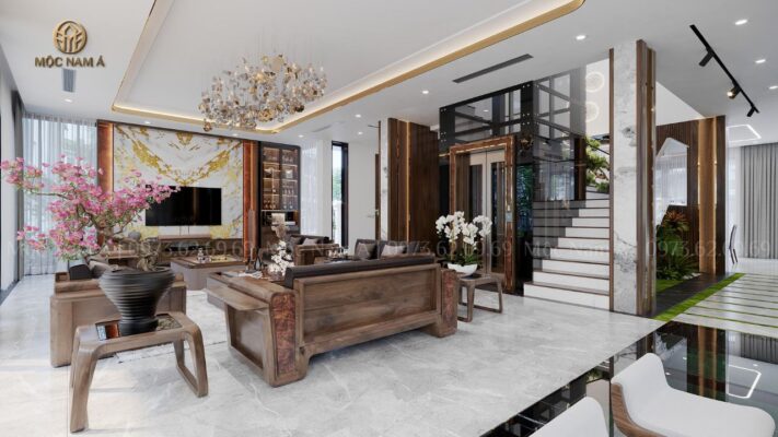 Bộ bàn ghế gỗ óc óc nhập khẩu là điểm nhấn cho phòng khách