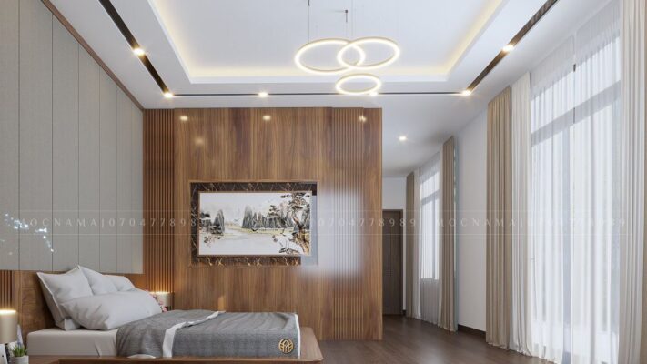 Các kiến trúc sư Mộc Nam Á tạo điểm nhấn cho phòng ngủ bằng bức tranh thủy mặc và đèn chùm sáng tạo mang hơi thở tân cổ điển