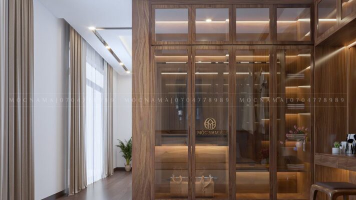 Cận cảnh tủ quần áo gỗ óc chó 4 ngăn mặt kính dẫn đầu xu hướng nội thất sang trọng hiện nay