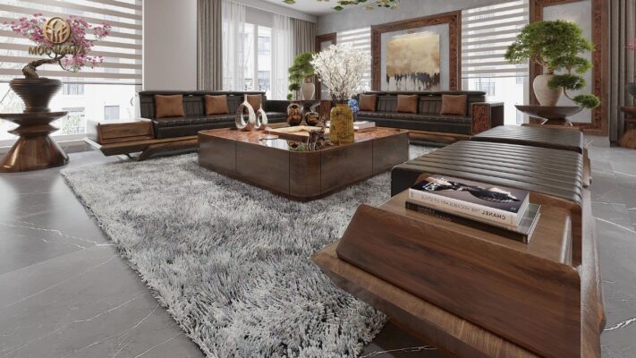 Điểm nhấn của phòng tiếp khách là bộ sofa gỗ óc chó chữ U cao cấp sắc nét từng chi tiết