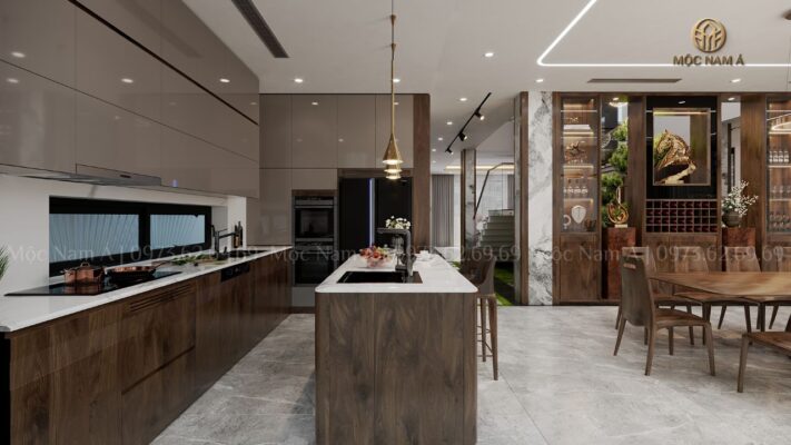 Gỗ óc chó cũng là chất liệu cho phòng bếp