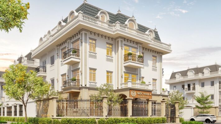 Không gian mặt tiền showroom với ngoại thất màu sắc chủ đạo là màu trắng sang trọng, thanh lịch