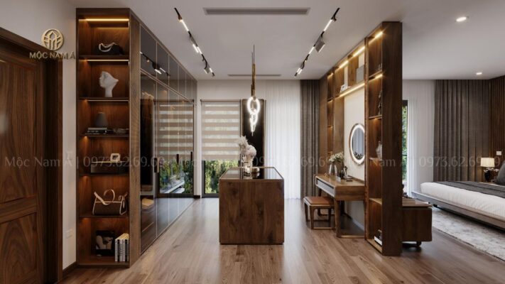 Không gian thay đồ, trang điểm rộng rãi, tối ưu được các góc cạnh của căn phòng