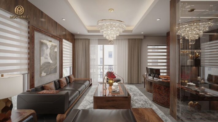 Một góc khác cho thấy sự sang trọng của phòng tiếp khách nhờ bộ sofa gỗ óc chó chữ L tối ưu không gian