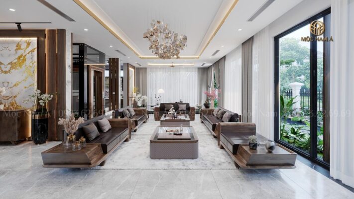 Một góc khác của phòng tiếp khách cho thấy không gian tràn ngập ánh sáng tự nhiên, cực kỳ khác biệt và sang trọng