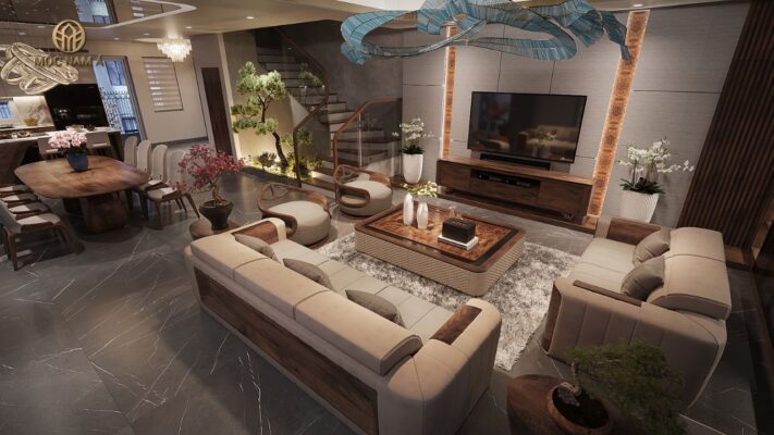 Một không gian phòng tiếp khách độc đáo với bộ sofa gỗ óc chó bọc đệm trắng hiện đại