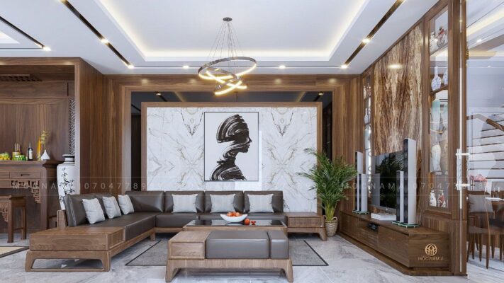 Sofa gỗ óc chó chữ L là điểm nhấn cho phòng khách thêm vẻ sang trọng, khẳng định vị thế gia chủ