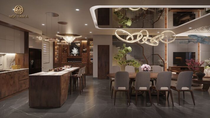 Toàn cảnh không gian phòng bếp với nội thất toàn bộ từ chất liệu gỗ óc chó sang trọng