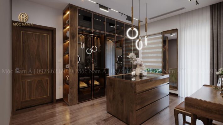 Tủ quần áo gỗ óc chó 6 ngăn kịch trần cửa kính