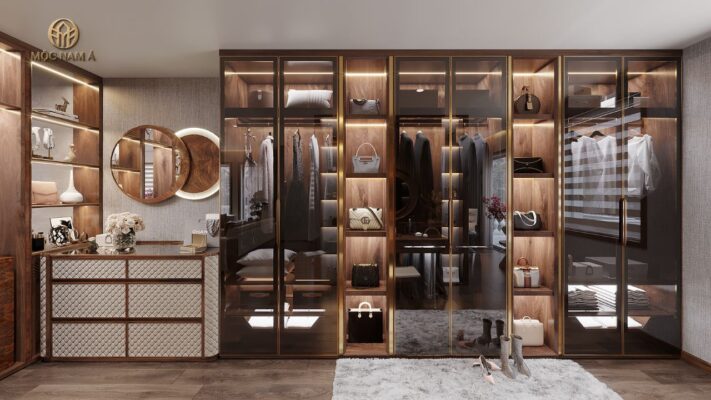 Tủ quần áo gỗ óc chó 6 ngăn kịch trần kết hợp cùng bàn trang điểm vừa hiện đại vừa tối ưu không gian