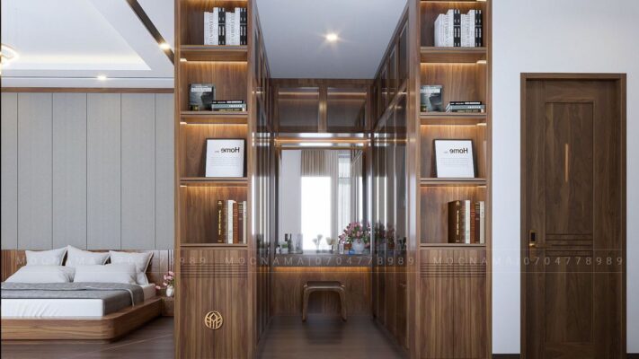 Tủ quần áo gõ óc chó kết hợp kệ trang trí vừa tối ưu không gian vừa mang đến sự hiện đại, đẳng cấp